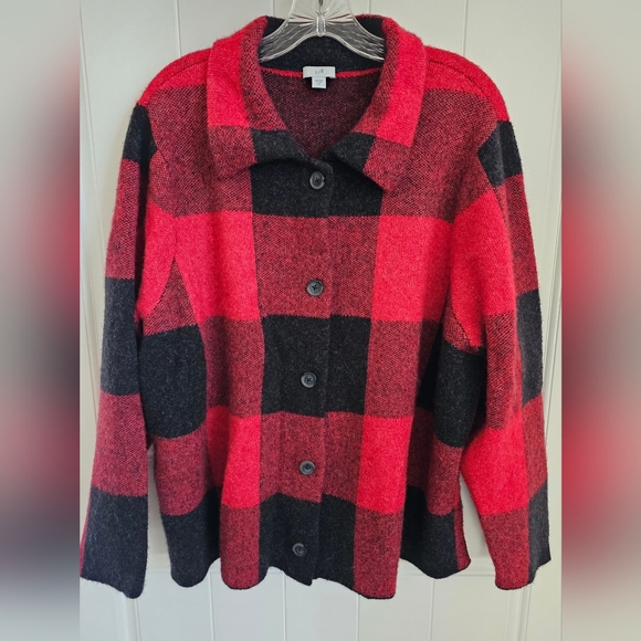 J. Jill Sweaters - J. JILL Womens Red & Black Buffalo Plaid Wool Blend Button Up Cardigan - 2X